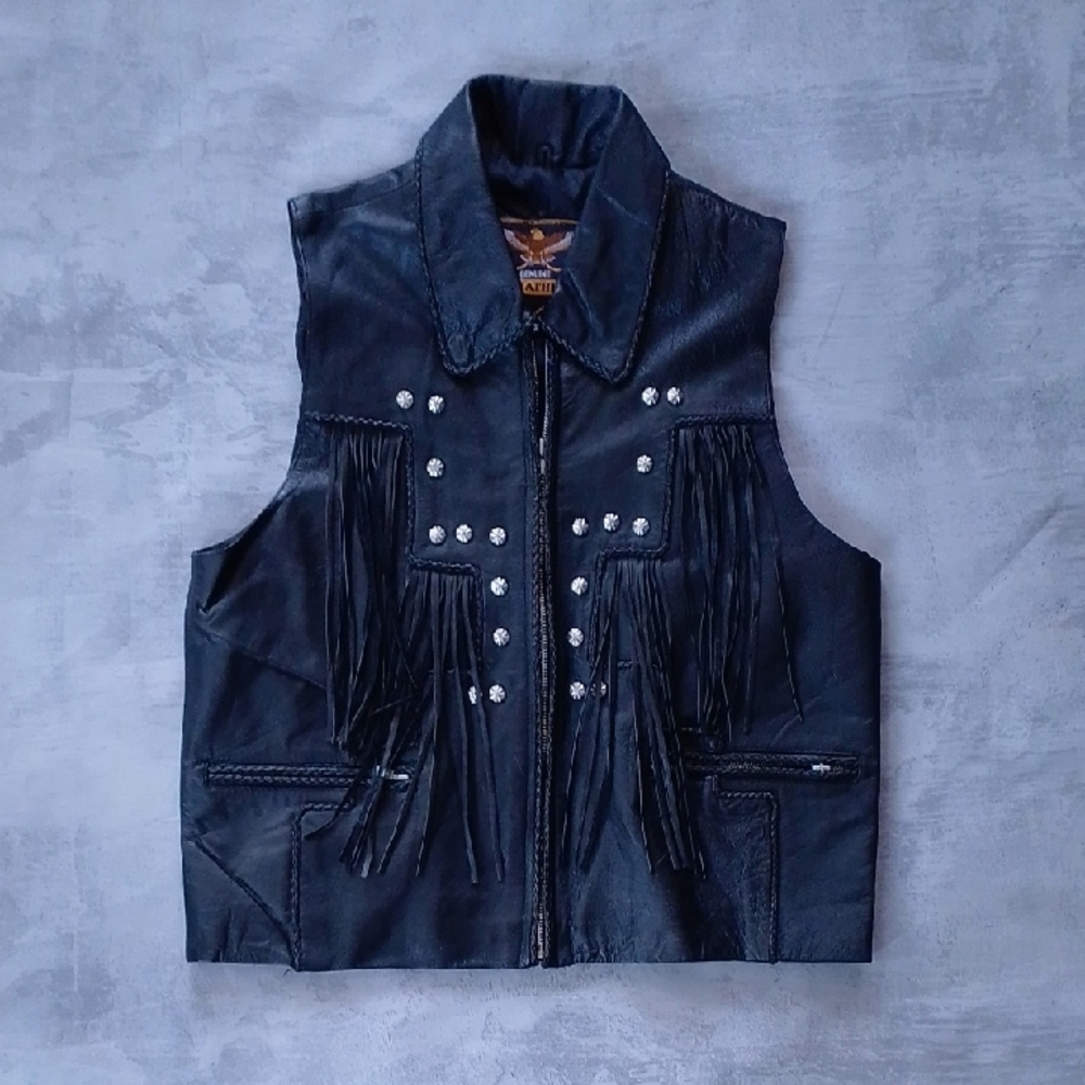 VINTAGE GENUINE LEATHER Black Leather Vest with Fringe and Studs